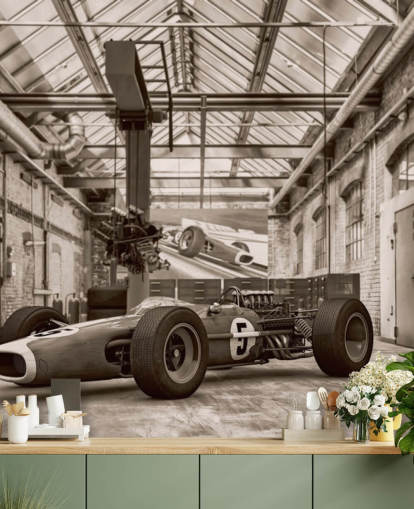 black and white customizable vintage car wallpaper mural called Vintage Racing Car Photo for offices and gyms