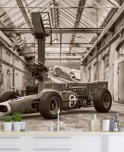 mural de papel pintado de coches antiguos personalizable en blanco y negro llamado Vintage Racing Car Photo para oficinas y gimnasios