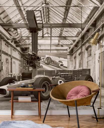 mural de papel pintado de coches antiguos personalizable en blanco y negro llamado Vintage Racing Car Photo para oficinas y gimnasios