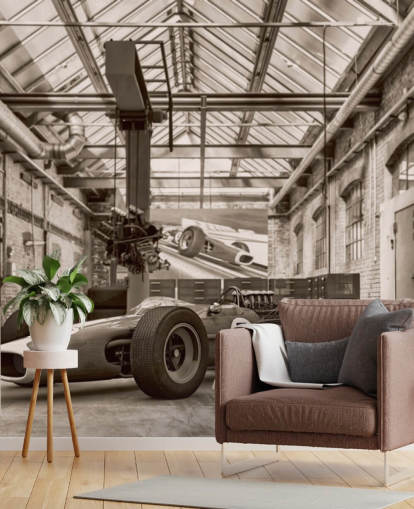 black and white customizable vintage car wallpaper mural called Vintage Racing Car Photo for offices and gyms
