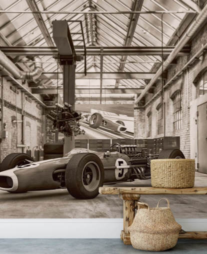 svartvit anpassningsbar vintage bil tapet väggmålning som heter Vintage Racing Car Photo för kontor och gym