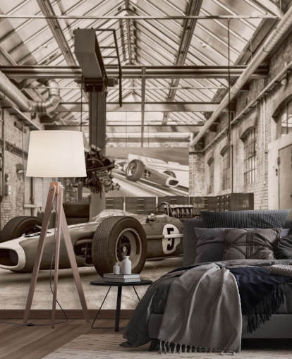 papier peint mural de voitures anciennes personnalisable en noir et blanc appelé Vintage Racing Car Photo pour les bureaux et les gymnases