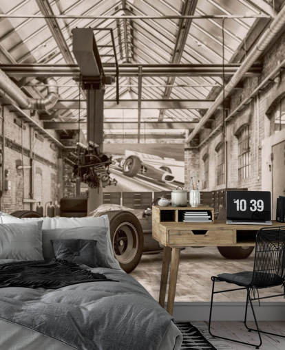 black and white customisable vintage car wallpaper mural called Vintage Racing Car Photo for offices and gyms
