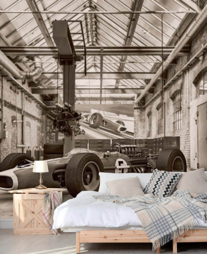 mural de papel pintado de coches antiguos personalizable en blanco y negro llamado Vintage Racing Car Photo para oficinas y gimnasios