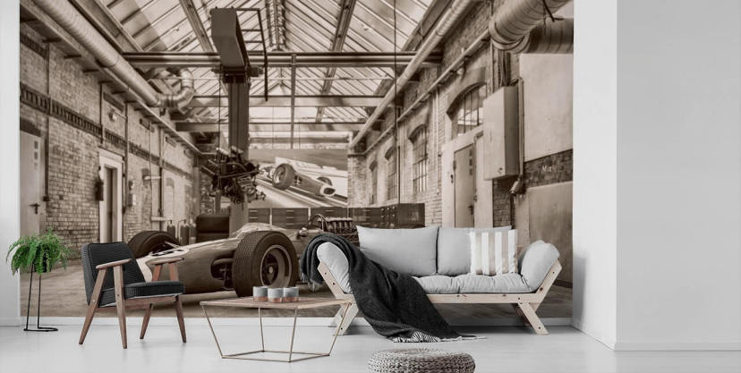 mural de papel pintado de coches antiguos personalizable en blanco y negro llamado Vintage Racing Car Photo para oficinas y gimnasios