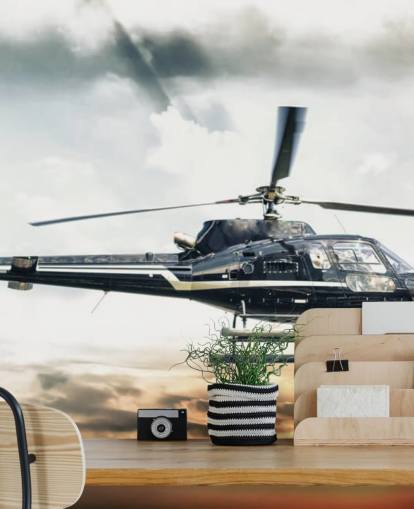 Helikopter vliegen bij zonsondergang behang Helikopter vliegen bij zonsondergang behang