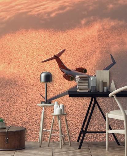 Plane Over Sunset Ocean Wallpaper Mural