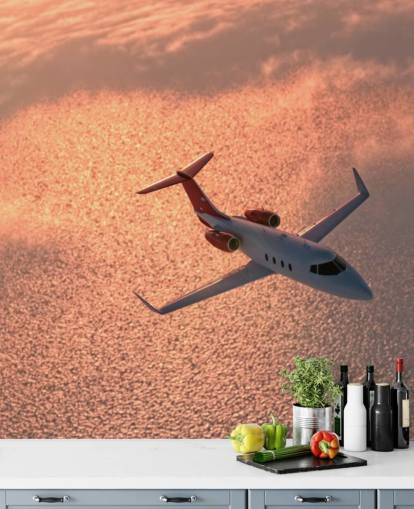 Plane Over Sunset Ocean Wallpaper Mural