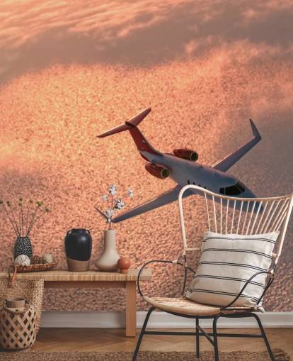 Plane Over Sunset Ocean Wallpaper Mural