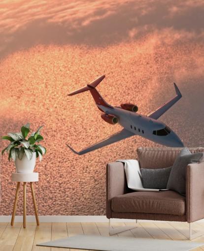 Plane Over Sunset Ocean Wallpaper Mural