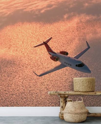 Plane Over Sunset Ocean Wallpaper Mural