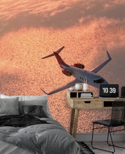 Tapeten-Wandbild „Flugzeug über Sonnenuntergang Ozean“