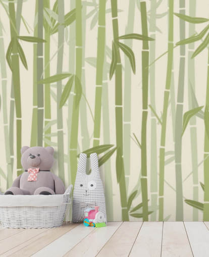 groene aanpasbare bamboebehangmuurschildering genaamd Calm Bamboo Forest 