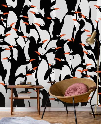 Cartoon pinguïns Huddled Behang