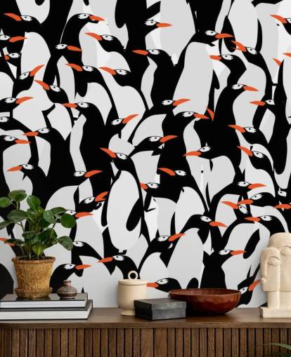 Cartoon pinguïns Huddled Behang