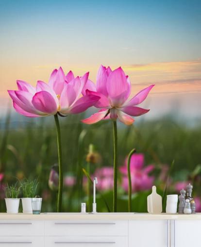 Roze lotusbloem in een veldmuurschildering Roze lotusbloem in een veldmuurschildering