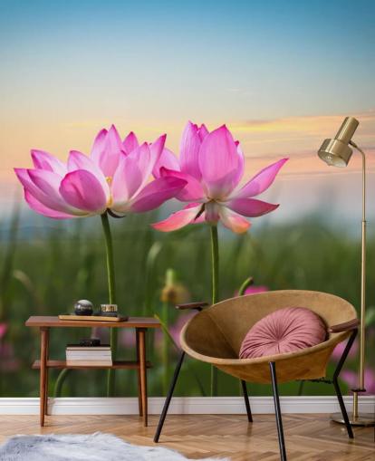 Decorazione murale con fiore di loto rosa in un campo