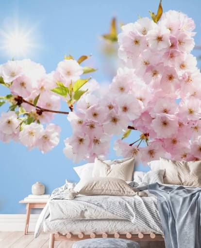 pink and blue blossom wallpaper mural called Blossom against a Blue Sky for bedrooms, bathrooms and kitchens