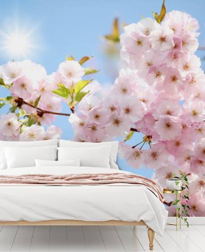 carta da parati murale con fiori rosa e blu chiamata Blossom against a Blue Sky per camere da letto, bagni e cucine carta da parati murale con fiori rosa e blu chiamata Blossom against a Blue Sky per camere da letto, bagni e cucine