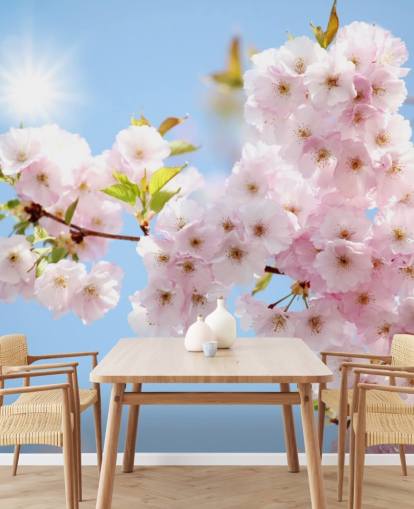 rosa og blå blomst tapet veggmaleri kalt Blossom mot en blå himmel for soverom, bad og kjøkken