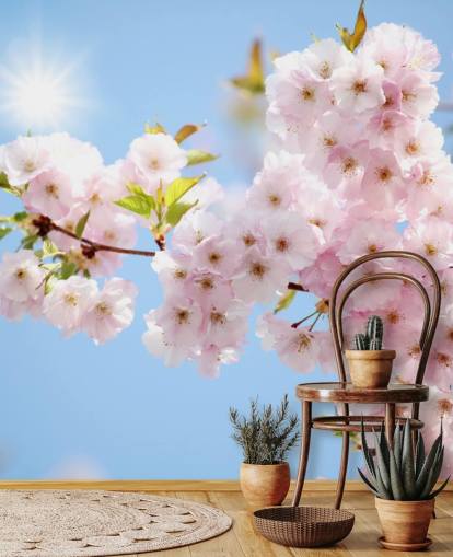 lyserød og blå blomst tapet vægmaleri kaldet Blossom imod en blå himmel til soveværelser, badeværelser og køkkener lyserød og blå blomst tapet vægmaleri kaldet Blossom imod en blå himmel til soveværelser, badeværelser og køkkener