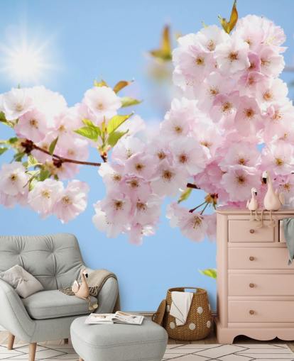 vaaleanpunainen ja sininen kukka taustakuvamaalaus nimeltään Blossom sinistä taivasta vastaan makuuhuoneisiin, kylpyhuoneisiin ja keittiöihin