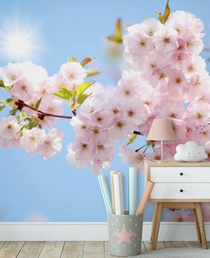rosa og blå blomst tapet veggmaleri kalt Blossom mot en blå himmel for soverom, bad og kjøkken rosa og blå blomst tapet veggmaleri kalt Blossom mot en blå himmel for soverom, bad og kjøkken