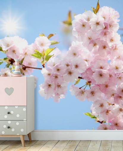 carta da parati murale con fiori rosa e blu chiamata Blossom against a Blue Sky per camere da letto, bagni e cucine