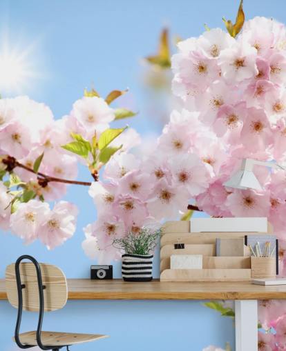 rosa och blå blomma tapet väggmålning kallad Blossom mot en blå himmel för sovrum, badrum och kök rosa och blå blomma tapet väggmålning kallad Blossom mot en blå himmel för sovrum, badrum och kök