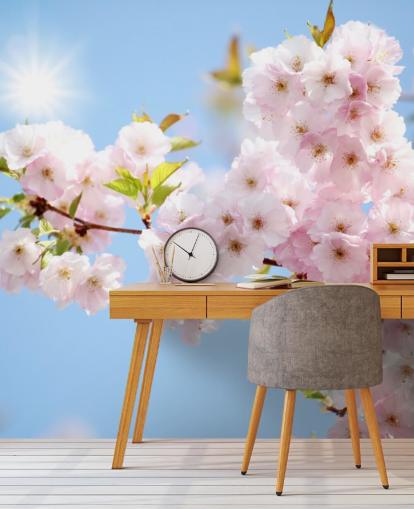 roze en blauwe bloesem muurschildering genaamd Blossom against a Blue Sky voor slaapkamers, badkamers en keukens