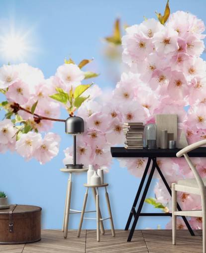 lyserød og blå blomst tapet vægmaleri kaldet Blossom imod en blå himmel til soveværelser, badeværelser og køkkener lyserød og blå blomst tapet vægmaleri kaldet Blossom imod en blå himmel til soveværelser, badeværelser og køkkener