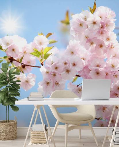rosa og blå blomst tapet veggmaleri kalt Blossom mot en blå himmel for soverom, bad og kjøkken rosa og blå blomst tapet veggmaleri kalt Blossom mot en blå himmel for soverom, bad og kjøkken
