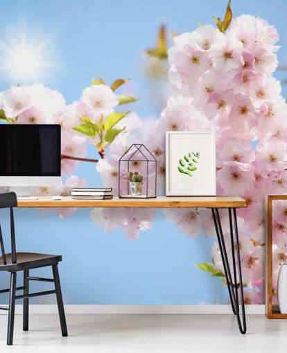 mural de papel pintado de flores rosas y azules llamado Blossom against a Blue Sky para dormitorios, baños y cocinas