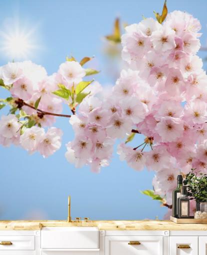 pink and blue blossom wallpaper mural called Blossom against a Blue Sky for bedrooms, bathrooms and kitchens