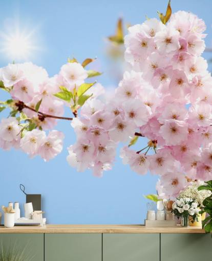 rosa och blå blomma tapet väggmålning kallad Blossom mot en blå himmel för sovrum, badrum och kök