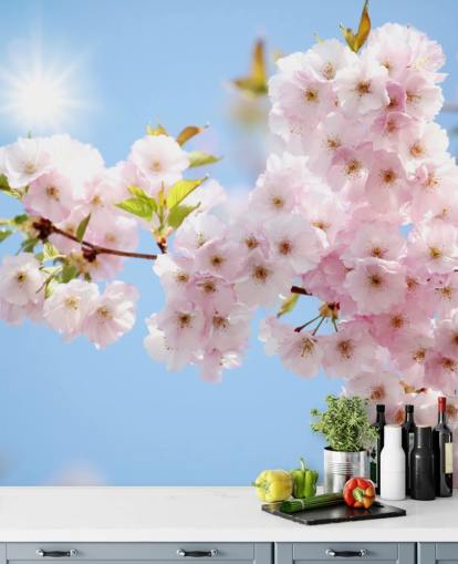 rosa og blå blomst tapet veggmaleri kalt Blossom mot en blå himmel for soverom, bad og kjøkken rosa og blå blomst tapet veggmaleri kalt Blossom mot en blå himmel for soverom, bad og kjøkken