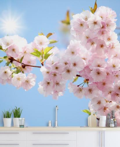 rosa og blå blomst tapet veggmaleri kalt Blossom mot en blå himmel for soverom, bad og kjøkken