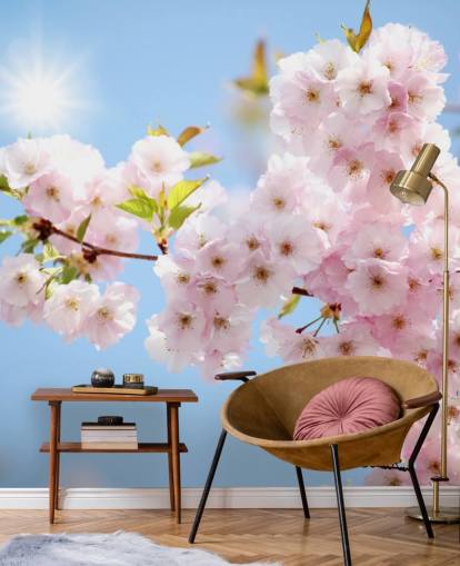 pink and blue blossom wallpaper mural called Blossom against a Blue Sky for bedrooms, bathrooms and kitchens