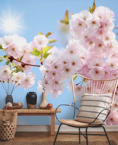 lyserød og blå blomst tapet vægmaleri kaldet Blossom imod en blå himmel til soveværelser, badeværelser og køkkener