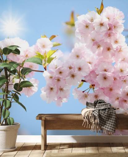 carta da parati murale con fiori rosa e blu chiamata Blossom against a Blue Sky per camere da letto, bagni e cucine