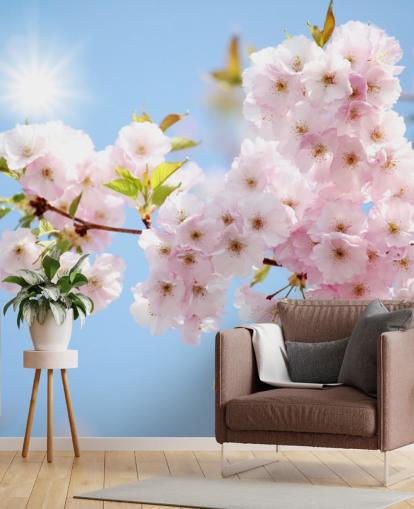pink and blue blossom wallpaper mural called Blossom against a Blue Sky for bedrooms, bathrooms and kitchens