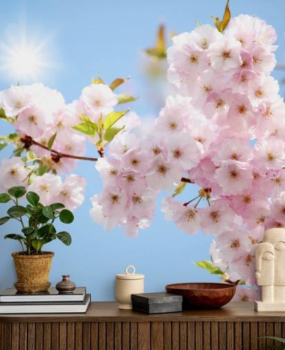 lyserød og blå blomst tapet vægmaleri kaldet Blossom imod en blå himmel til soveværelser, badeværelser og køkkener