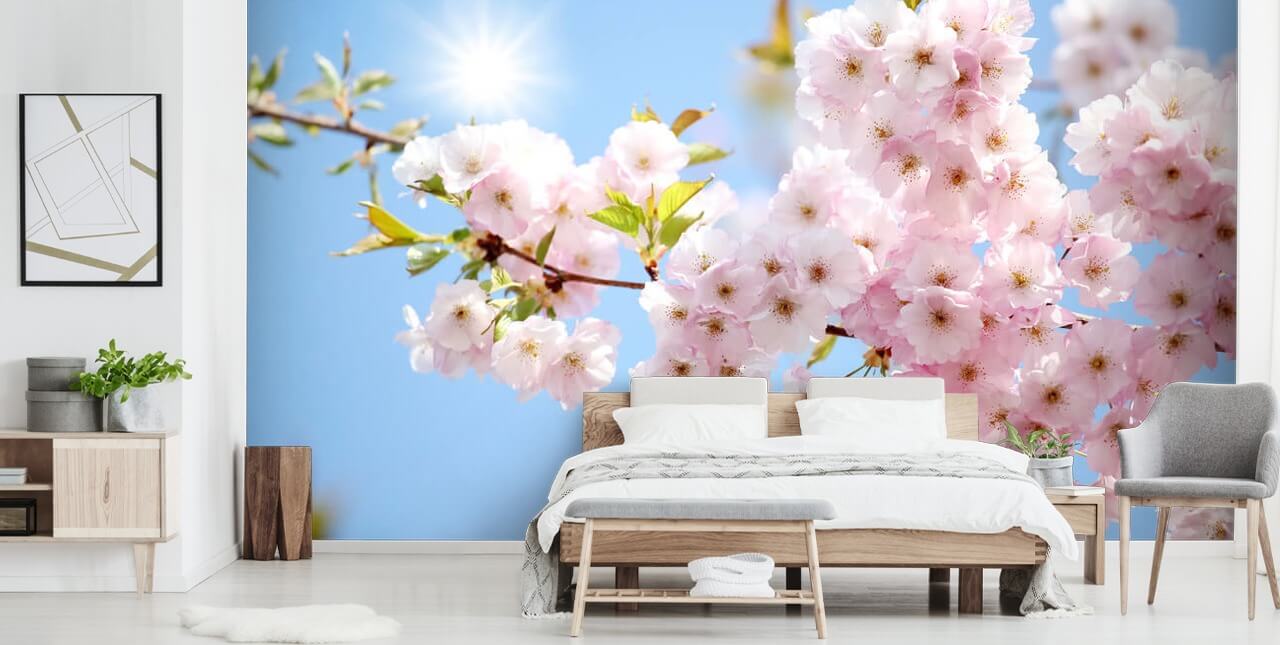 vaaleanpunainen ja sininen kukka taustakuvamaalaus nimeltään Blossom sinistä taivasta vastaan makuuhuoneisiin, kylpyhuoneisiin ja keittiöihin