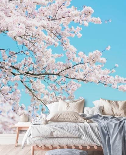 Rosa Blossom mot en lys blå himmel veggmaleri