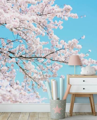 Pink Blossom Against a Bright Blue Sky Mural