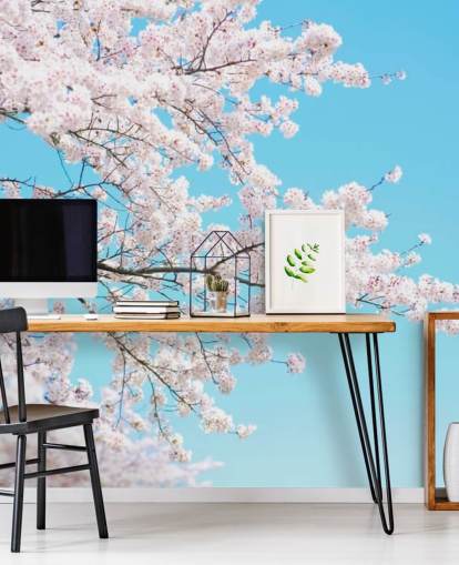 Pink Blossom Against a Bright Blue Sky Mural