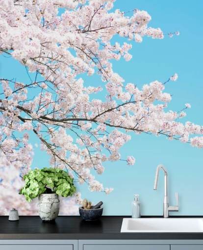 Pink Blossom Against a Bright Blue Sky Mural