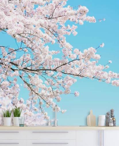 Pink Blossom tegen een felblauwe luchtmuurschildering