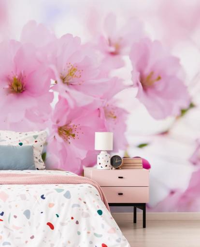 pink and white floral wallpaper mural called Japanese Cherry Tree in Blossom for bedrooms