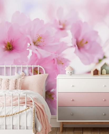 mural de papel pintado floral rosa y blanco llamado Cerezo japonés en flor para dormitorios